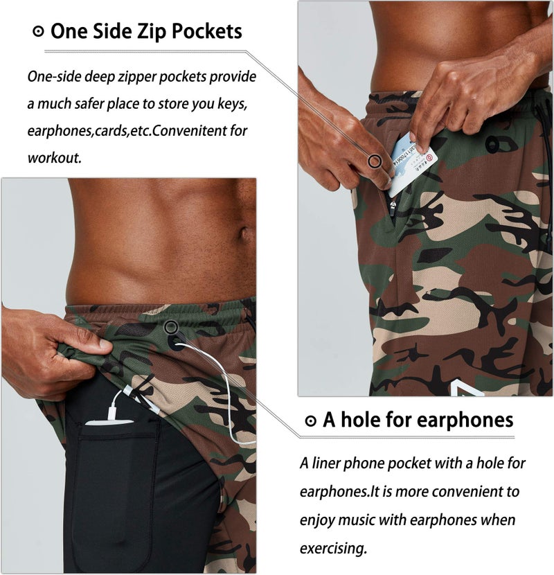 Pinkbomb Men's 2 in 1 Running Shorts Gym Workout Quick Dry Mens Shorts with Phone Pocket (Green Camo, X-Large) - Image 2